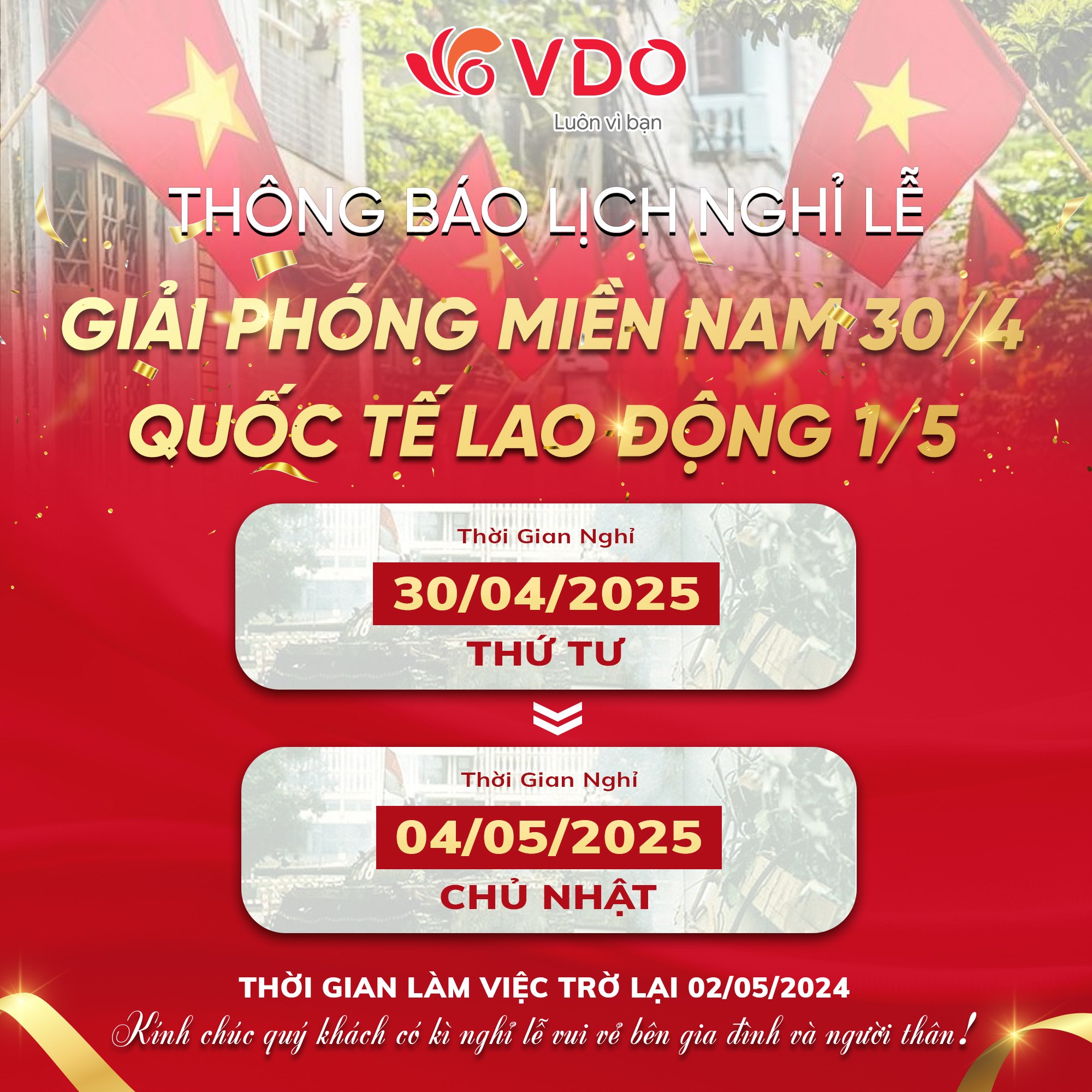 Thông báo lịch nghỉ lễ Giải phóng miền Nam và Quốc tế Lao động