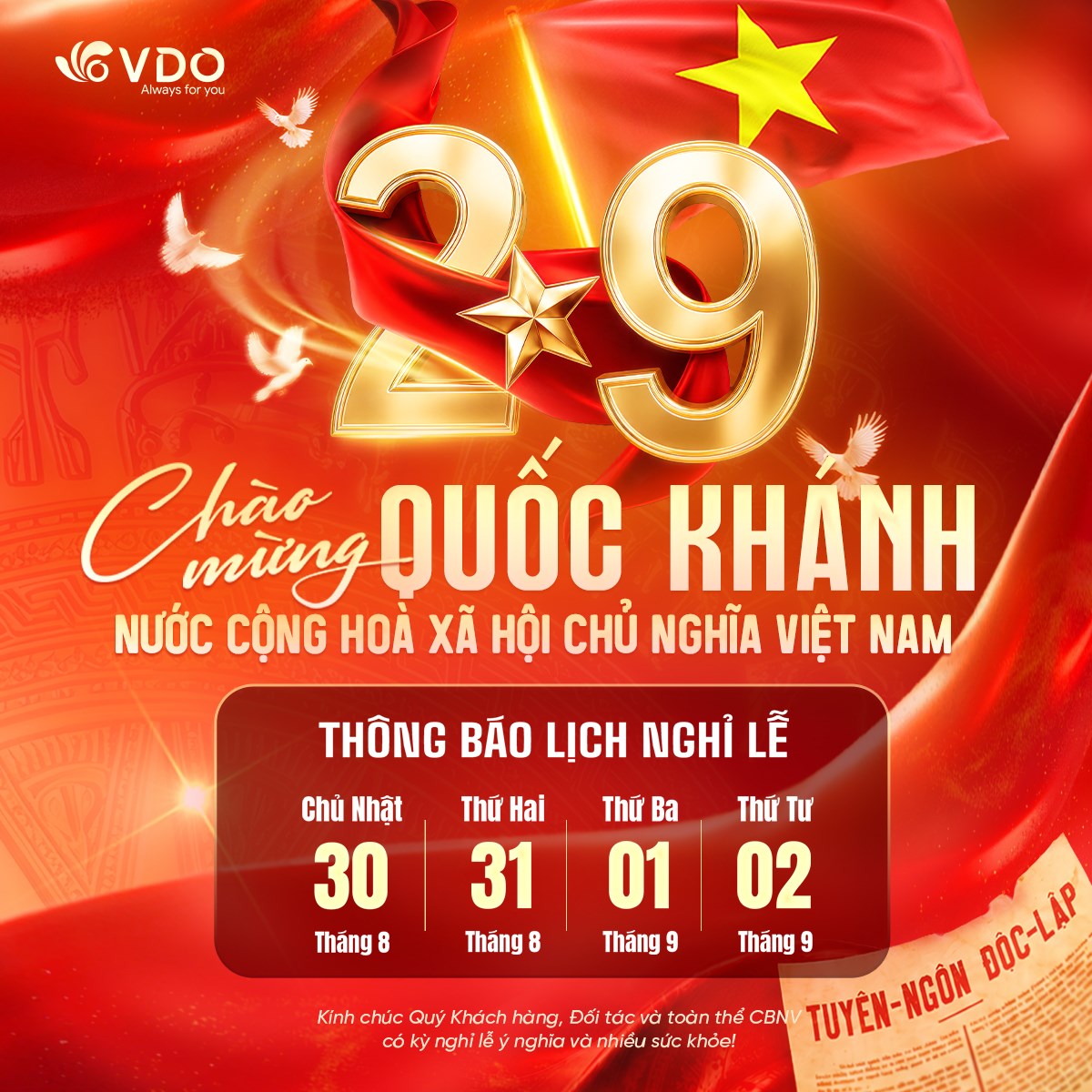 VDO thông báo lịch nghỉ lễ Quốc khánh 2026